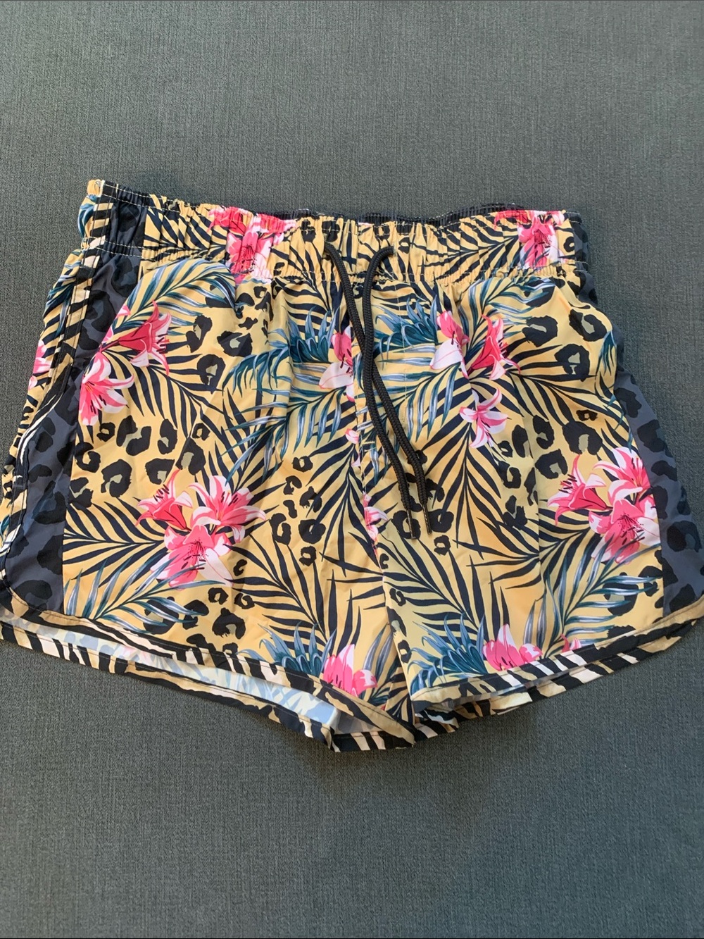Tropical Floral Drawstring Athletic Shorts in Yellow and Pink